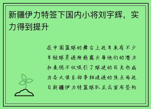 新疆伊力特签下国内小将刘宇辉，实力得到提升