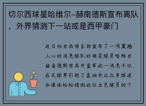 切尔西球星哈维尔-赫南德斯宣布离队，外界猜测下一站或是西甲豪门